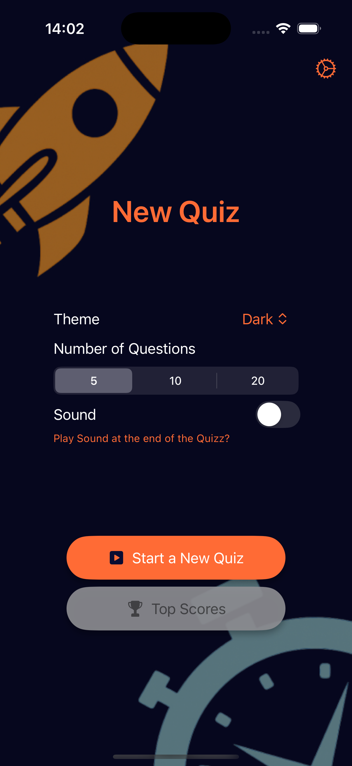 New Quiz configuration screen with theme selection, number of questions, and sound settings