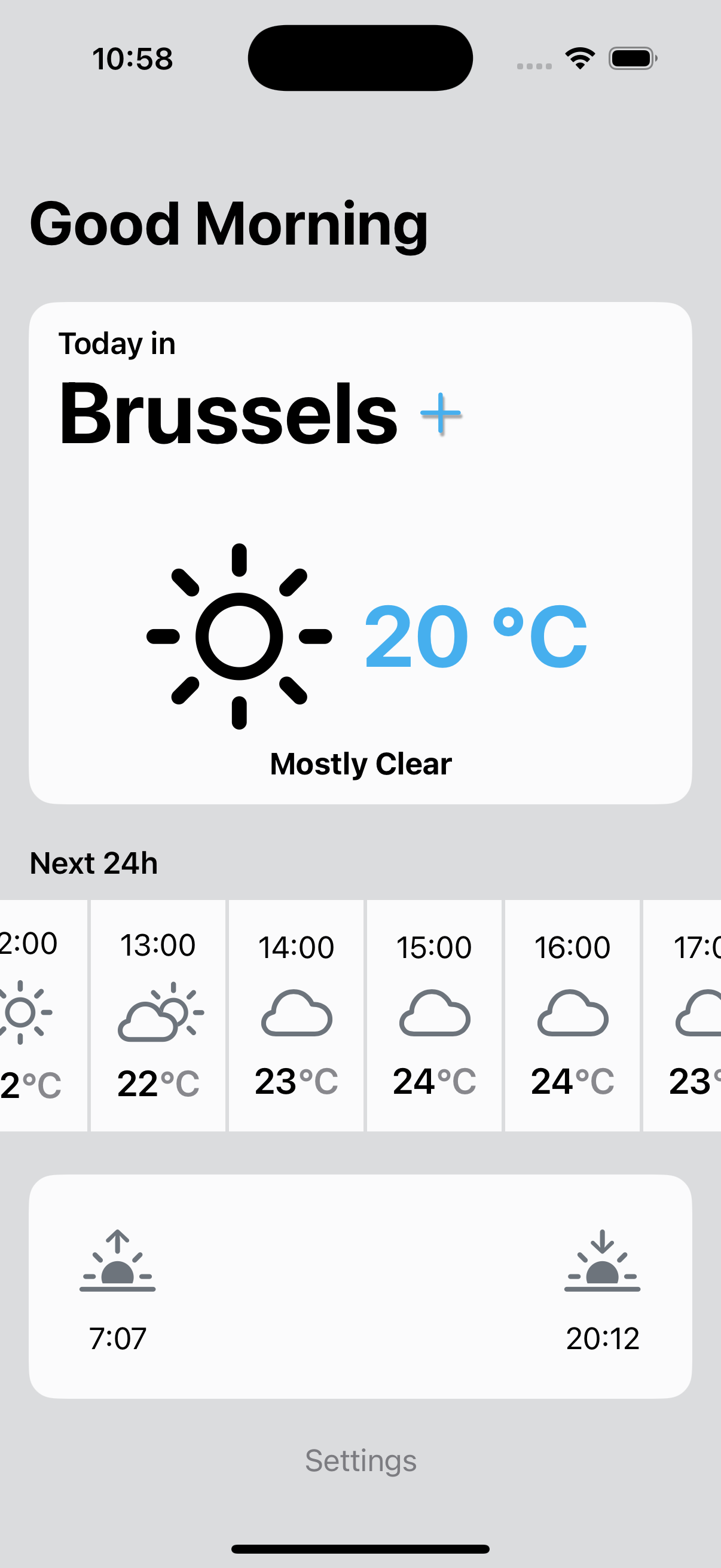 Home screen showing Brussels weather at 20°C with sunny conditions