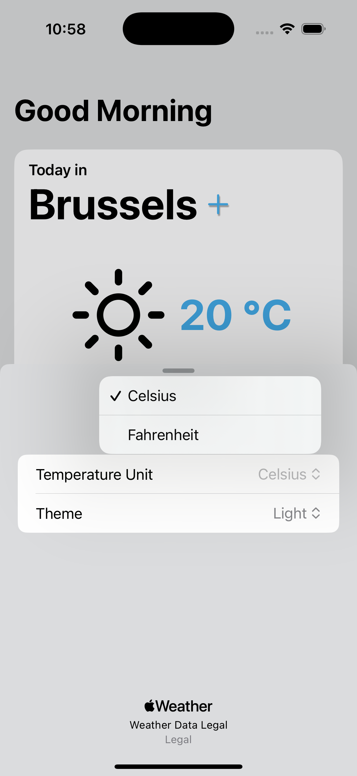 Settings screen with temperature units, theme selection, and location toggle